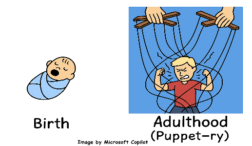 A swaddled baby and a person breaking free of puppetry strings
